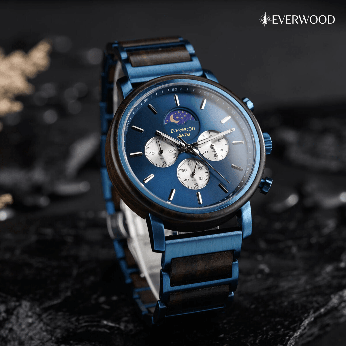 EverWood™ - Moon Phase Blue Kronográf 44mm - EverWood ® Fa Karórák | Férfi & Női Karóra Faóra Fakaróra EverWood