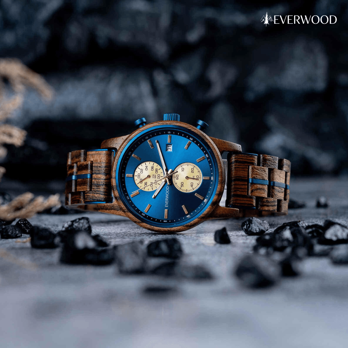 EverWood™ - Classic Walnut Blue Chronograph 44mm - EverWood ® Fa Karórák | Férfi & Női Karóra Faóra Fakaróra EverWood