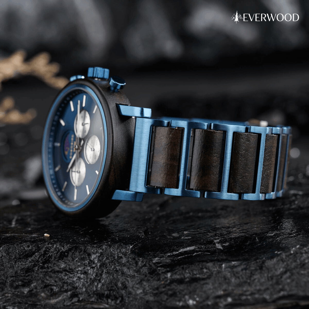 EverWood™ - Moon Phase Blue Kronográf 44mm - EverWood ® Fa Karórák | Férfi & Női Karóra Faóra Fakaróra EverWood