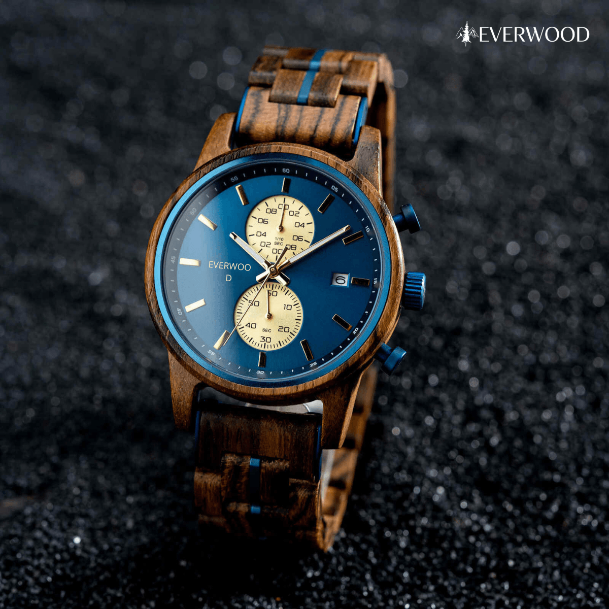 EverWood™ - Classic Walnut Blue Chronograph 44mm - EverWood ® Fa Karórák | Férfi & Női Karóra Faóra Fakaróra EverWood