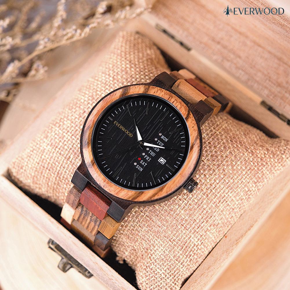 EverWood™ - MultiWood Quartz naptáros 38mm - EverWood ® Fa Karórák | Férfi & Női Karóra Faóra Fakaróra EverWood